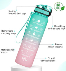 Motivational Fitness Sports Water Bottle Leakproof BPA-Free with Time Marker 1000 ml Bottle Pack of 2, Multicolor, Silicone GenzVybs